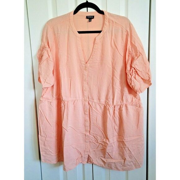 Torrid 3 Woman's Plus Size 3X Peach Short Sleeve Cinch Waist Button Front Blouse - Picture 1 of 6